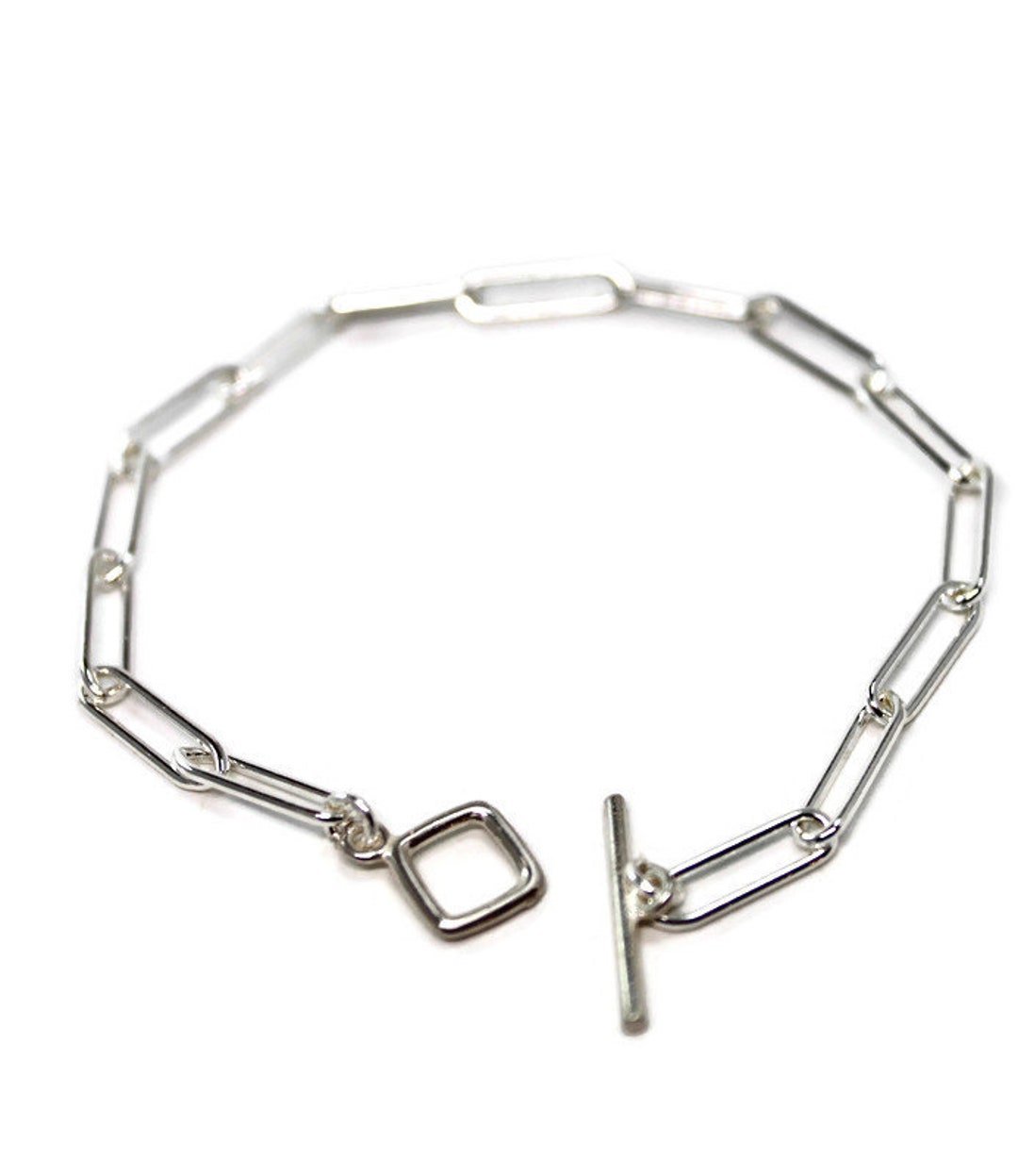 Silver Paper Clip Chain Bracelet With Toggle Clasp Etsy