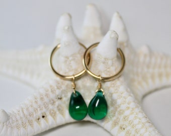 Emerald Green Glass Teardrop Gold Endless Hoops