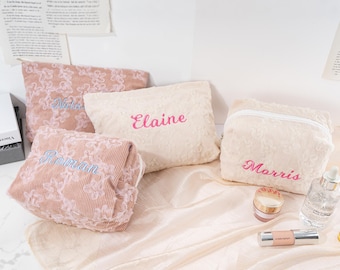 Personalized Lace Floral Makeup Bag: Embroidered Cosmetic Travel Pouch