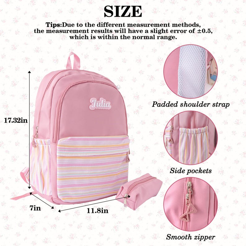 May include: Pink backpack with the name "Julia" on it, featuring a striped front pocket and side pockets. The backpack measures 17.32 inches high, 7 inches deep, and 11.8 inches wide. Includes a matching pencil case and a smooth zipper.