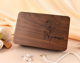 Personalized Walnut Wood Jewelry Box with Engraved Birth Flower, Custom Jewelry Organizer, Anniversary Gift, Birthday Wedding Gift for Her