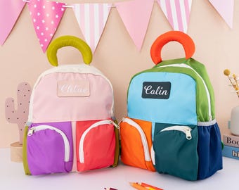 Personalized Color Block Backpack – Embroidered Name, Kids Book Bag, Back to School Gift