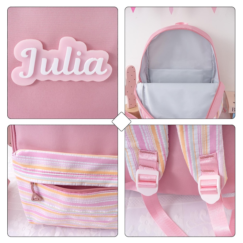 May include: Pink backpack with a striped front pocket and adjustable straps. The backpack has the name "Julia" in white script on the front. The interior is light gray.