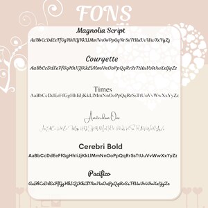 May include: A graphic showcasing various font styles, including Magnolia Script, Courgette, Times, Amsterdam One, Cerebri Bold, and Pacifico. Each font is displayed with the alphabet in both uppercase and lowercase letters.