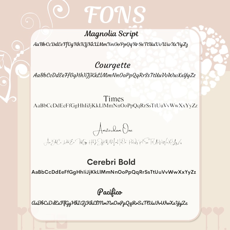 May include: A graphic showcasing various font styles, including Magnolia Script, Courgette, Times, Amsterdam One, Cerebri Bold, and Pacifico. Each font is displayed with the alphabet in both uppercase and lowercase letters.