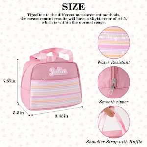 May include: Pink lunch bag with a striped front pocket and the name "Julia". The bag is 7.87 inches tall, 9.45 inches wide, and 5.5 inches deep. Features include a smooth zipper, water resistance, and a shoulder strap with a ruffle.