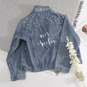 Embroidered Bridal Denim Jacket with Pearls, Custom Wedding Jean Jacket, Future Mrs Denim Jacket, Gift for Bride to Be Jacket
