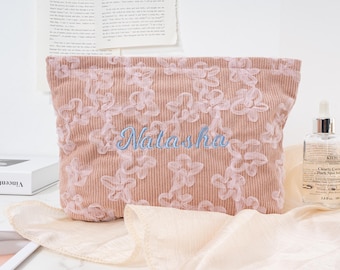 Personalized Floral Embroidered Makeup Bag: Corduroy & Lace