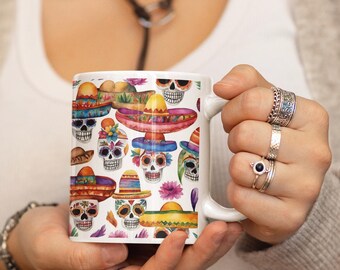Mexican Sugar Skull Mug Day of the Dead Coffee Cup Dia de Muertos coffee mug Sugar Skull  Mexican Hat Catrina mug Ceramic Drinkware gift