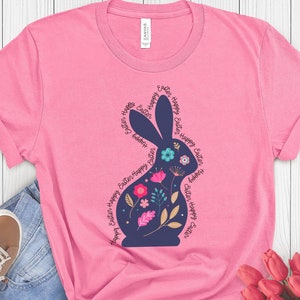 Happy Easter Bunny T-Shirt-Floral Bunny Easter Shirt-Happy Easter Blue Bunny Tee-Cute Spring Shirt for Women Easter Gift Idea