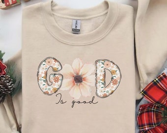 Bluza haftowana Bóg jest dobry \ Chrześcijańskie bluzy haftowane - Napisy \ Bluza z okrągłym dekoltem \ Prezent religijny