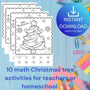 May include: A stack of three white printable math worksheets with a Christmas tree design. The worksheets have math problems and the text "Math Christmas tree". A blue circle with "Instant Download" is in the background. The text "10 math Christmas tree activities for teachers or homeschool" is at the bottom.