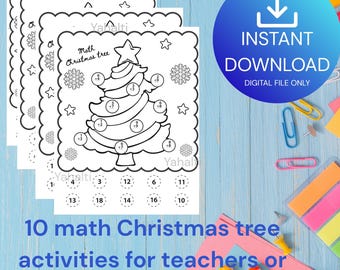 Può includere: Una pila di tre fogli di lavoro di matematica stampabili bianchi con un disegno di albero di Natale. I fogli di lavoro hanno problemi di matematica e il testo "Math Christmas tree". Un cerchio blu con "Instant Download" è sullo sfondo. Il testo "10 math Christmas tree activities for teachers or homeschool" è in basso.