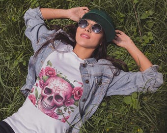 Floral Skull T-Shirt Sugar Skull Graphic Tee Day of the Dead Shirt Boho Skull and Roses Top Gothic Floral Women's Tee - Halloween Skull Tee