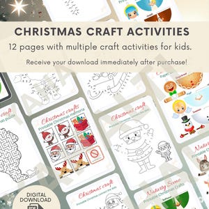 Peut inclure: Activités manuelles de Noël imprimables pour enfants. L'image présente des feuilles d'activités, notamment des points à relier, des labyrinthes et des bricolages en papier. Le texte indique "Activités manuelles de Noël" et "Téléchargement numérique PDF".