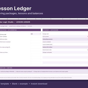 May include: A digital spreadsheet template titled Lesson Ledger for tracking tutoring packages, lessons, and balances. The interface features a purple and white color scheme with sections for settings, live snapshots, and instructions.
