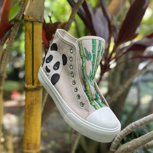 Hand-Painted Panda High Top Canvas Shoes: Unique Art Sneakers - US Women&#39;s 6.5