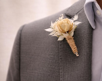 Elfenbein getrocknete Blumen Boutonniere - Rustikale Hochzeit oder Abschlussball Boutonniere für Bräutigam