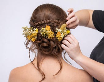 Handmade Yellow Dried Flower Hair Pins – Bohemian Bridal Hair Accessories, Wedding Hairpiece