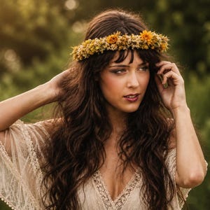 May include: A woman wearing a floral crown and a cream-colored lace top. The crown is made of yellow and orange flowers. The woman has long, wavy brown hair and is touching her hair with both hands. The background is a blurred green.