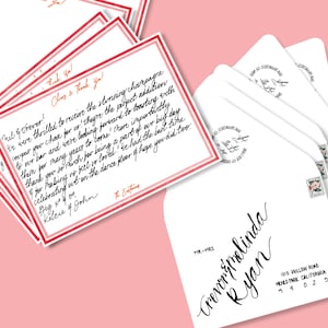 Notas de agradecimiento escritas a mano, papelería personalizada, tarjetas personalizadas para bodas, despedidas, ocasiones especiales, colores sólidos: rojo y rosa