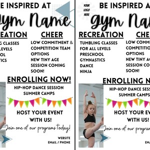 May include: A flyer advertising a gym named "Gym Name" with a blue and gray color scheme. The flyer lists various recreational and cheer activities, including tumbling classes, preschool gymnastics, dance, and ninja classes. It also advertises hip-hop dance sessions and summer camps. The flyer encourages people to enroll now and host their events at the gym.