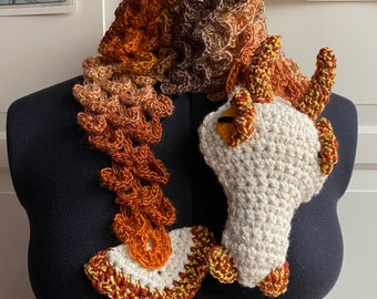 Crochet Dragon shawl scarf brown gold cream rainbow lizard scales