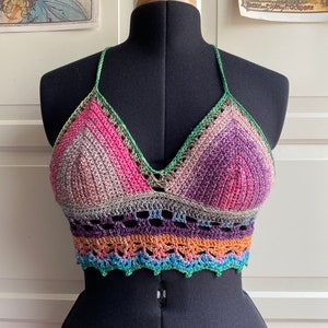 Crochet crop festival top pink green small medium bralette