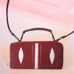 Cartera de mujer de piel auténtica de raya con doble cremallera, bolso de hombro rojo, 2 perlas y 1 espina