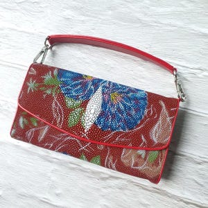 Bolso de hombro para mujer de piel auténtica de raya con estampado floral rojo, nuevo