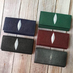 Cartera plegable larga de piel auténtica de raya para mujer