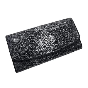 Portefeuille pour femme en cuir de galuchat poli véritable à trois volets, long sac à main en cuir noir brillant