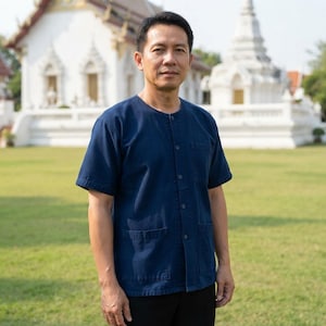 Moh Hom Cotton Shirt: Traditional Thai Style Round Neck Plain Button Unisex