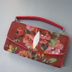 Bolso de hombro para mujer de piel auténtica de raya con estampado floral rojo, nuevo