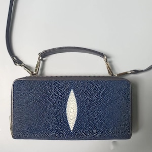 Cartera de mujer con doble cremallera en piel auténtica de raya, color azul, bolso de hombro, 1 perla