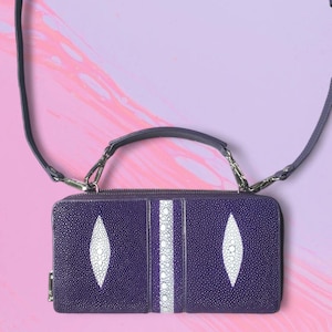 Cartera de mujer de piel auténtica de raya con doble cremallera, bolso de hombro morado, 2 perlas y 1 espina