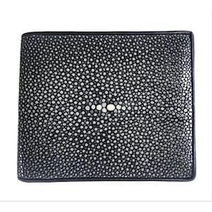 Cartera corta plegable para hombre, 100 % piel auténtica de raya pulida, color negro y gris, hermosa y brillante. Nueva.