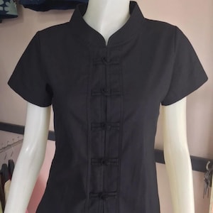 Women's Black Native Shirt Chinese Collar Chinese Button Short Sleeves