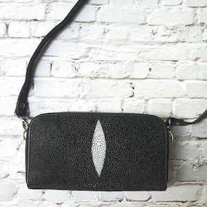 Cartera de hombro para mujer de piel auténtica de raya con cremallera, color negro, larga, con dos cremalleras