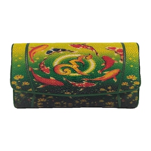 Cartera de piel auténtica de raya para mujer, monedero, monedero, billetera larga triple, diseño de carpa koi, tarjetero, cajero automático, foto, hermoso monedero, nuevo