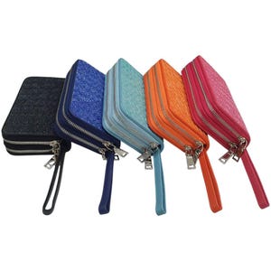 Cartera de piel de raya tejida pulida de primera calidad Cartera de mujer de piel de raya genuina con dos cremalleras y correa para la muñeca