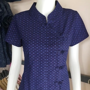 Women's Blue Native Shirt Chinese Collar Chinese Button Short Sleeves Women's Shirt Side Label