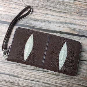 Cartera de mujer con cremallera y piel de raya auténtica Monedero de raya con 2 perlas