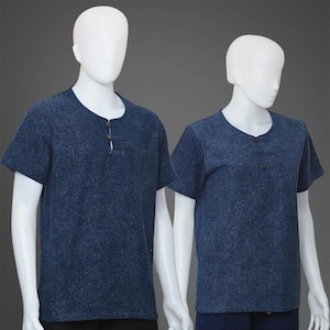 Stonewashed Moh Hom Fabric Snowflake Pattern Short Sleeves Round Neck Coconut Shell Buttons Unisex