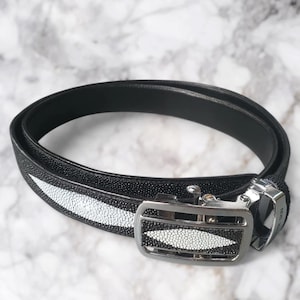 Puede incluir: Un cinturón de cuero negro con una incrustación de piel de raya blanca y una hebilla plateada. La hebilla tiene una incrustación de piel de raya.