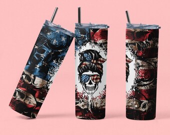 Bicchiere skinny con teschio e bandiera americana da 20 once o 30 once (Si illumina al buio)