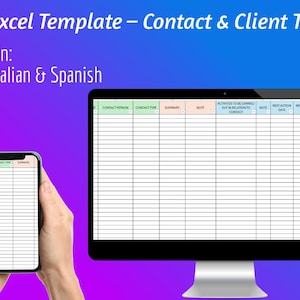 May include: A digital CRM Excel template for contact and client tracking, displayed on a computer monitor and a smartphone. The template is available in English, Italian, and Spanish. The background is a gradient of purple and blue.