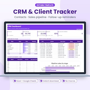CRM-spreadsheet in Excel en Google Sheets | Klantenbeheer, verkooppijplijn, opvolgingsherinneringen, contactbeheer voor kleine bedrijven