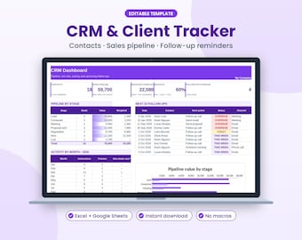 May include: A digital CRM and client tracker template displayed on a laptop screen. The interface features purple headers, tables for sales pipeline stages, follow-up reminders, and activity charts. Text includes CRM & Client Tracker, Contacts, Sales pipeline, Follow-up reminders, and CRM Dashboard. The layout includes Excel + Google Sheets, Instant download, and No macros labels.