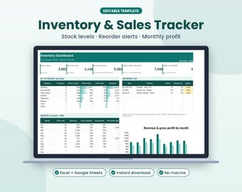 May include: An editable digital inventory and sales tracker template displayed on a laptop screen. The dashboard features tables for stock levels, reorder alerts, and monthly profit, with charts visualizing revenue and gross profit by month.